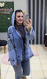 Nakışlı Pullu Salaş Kot Ceket Mavi