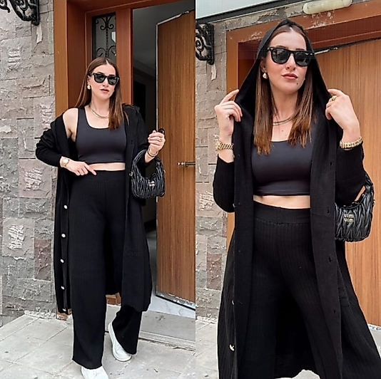 2'li Kadın Siyah Oversize Cepli Kapüşonlu Triko Hırka