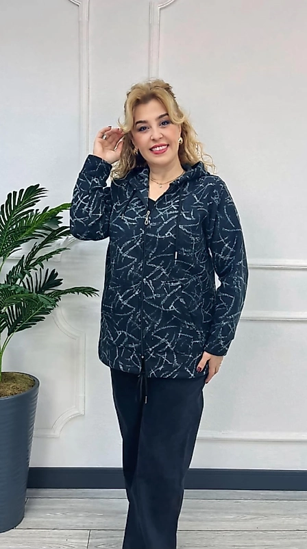 Büyük Beden Ceket Kapşonlu Lacivert/Mavi