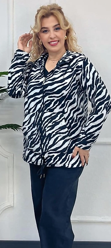 Siyah Beyaz Çizgili Kapşonlu Büyük Beden Ceket