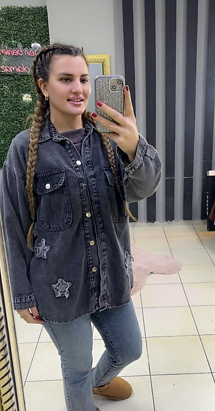 Kadın Yıldız Figürlü Çift Cepli Antrasit Jean Kot Ceket