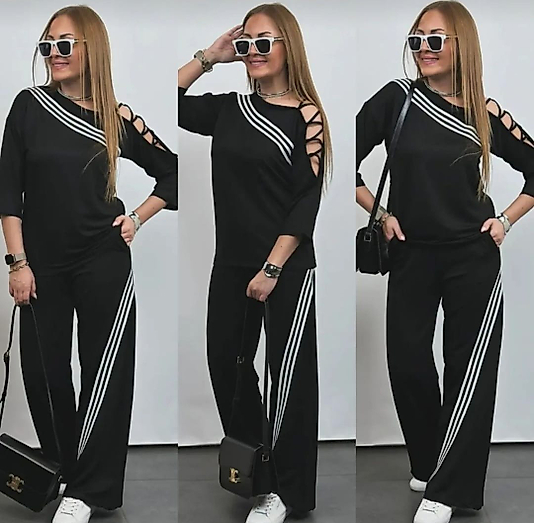 Omuz Şeritli Ribana Detaylı Siyah 2'li Eşofman Takım