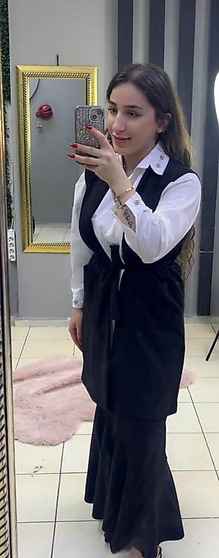 Süet Kuşaklı Uzun Yelek Siyah